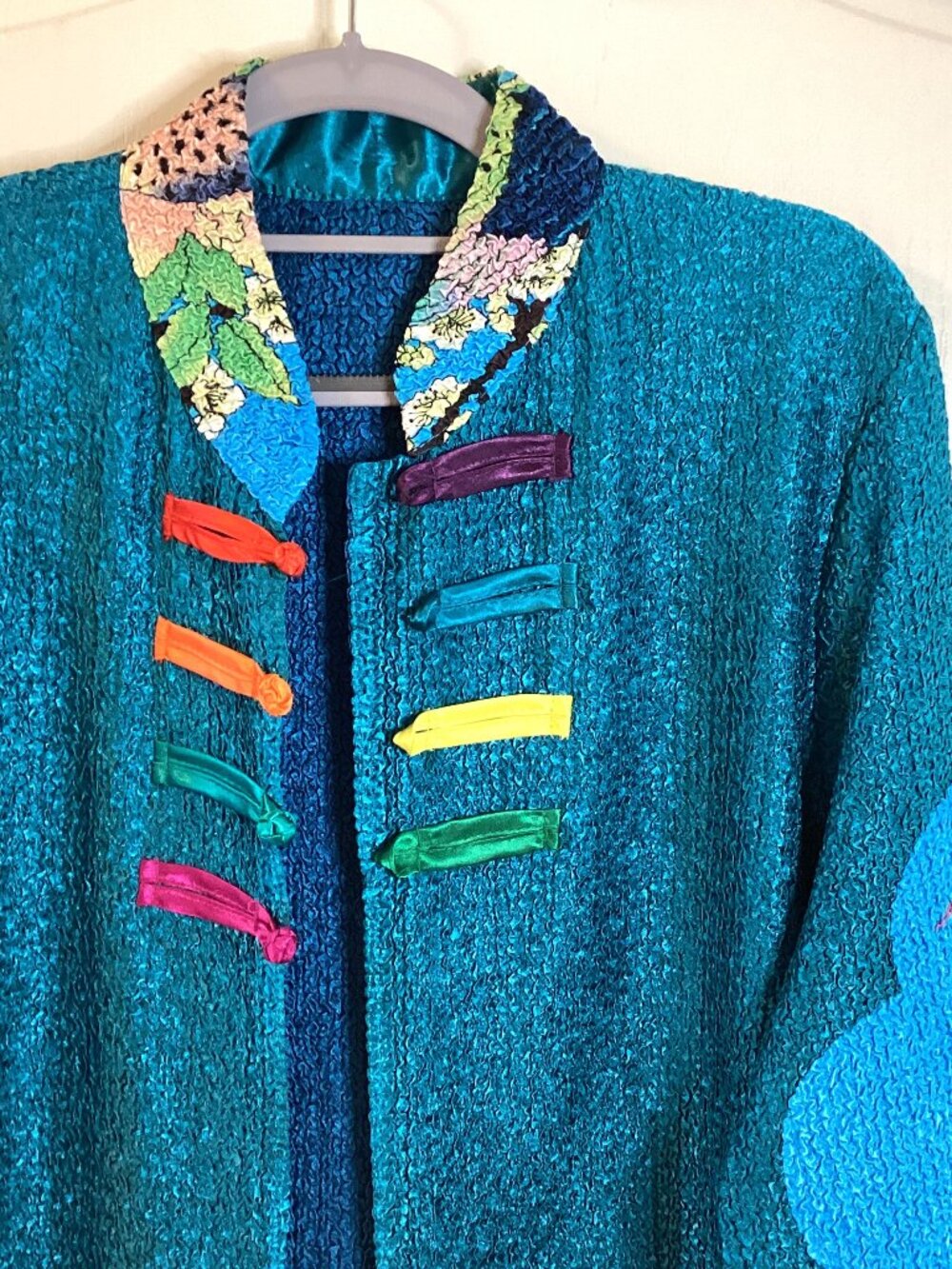 Vintage Woman's Knee-Length Oriental Textured Duster Coat Chinese Style Jacket - Picture 2 of 11